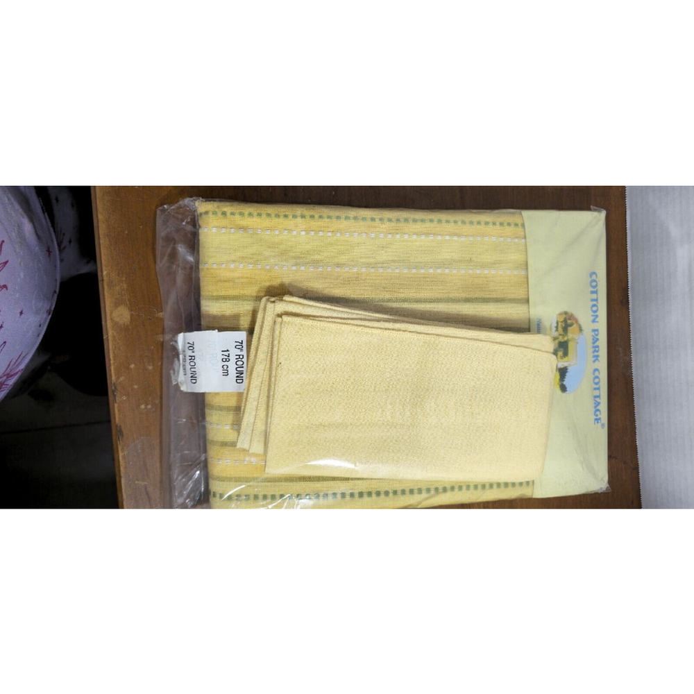 Vintage Cotton Park Cottage Tablecloth YELLOW Striped 70" R NEW 4 18X18 NAPKINS